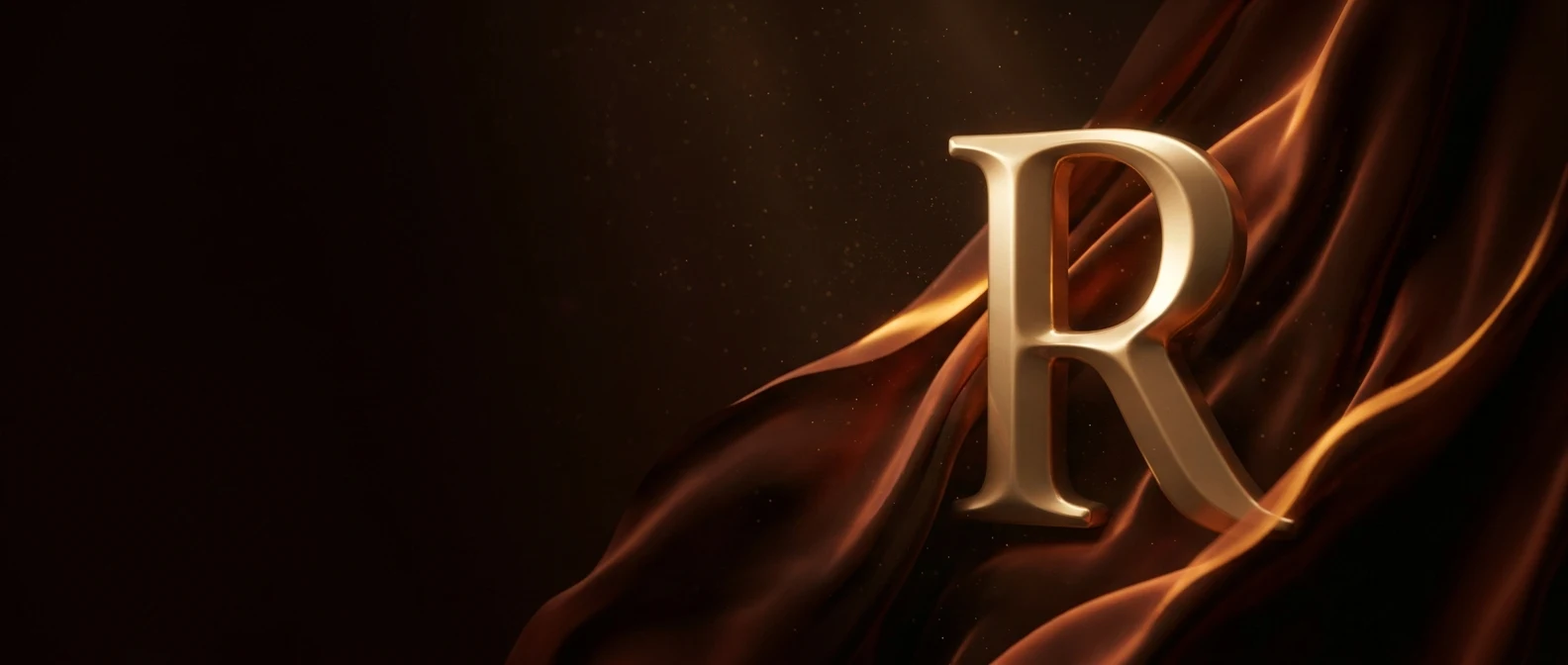 Rebecca Reynolds — sculpted gold monogram on warm sienna silk artwork